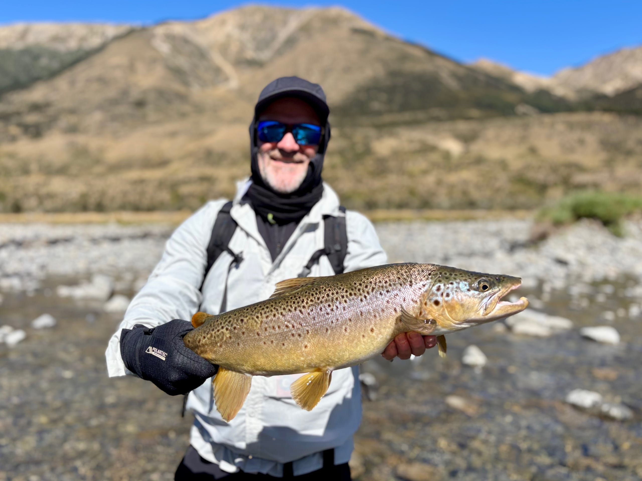 A large wild brown trout held briefly above a South Island New Zealand river