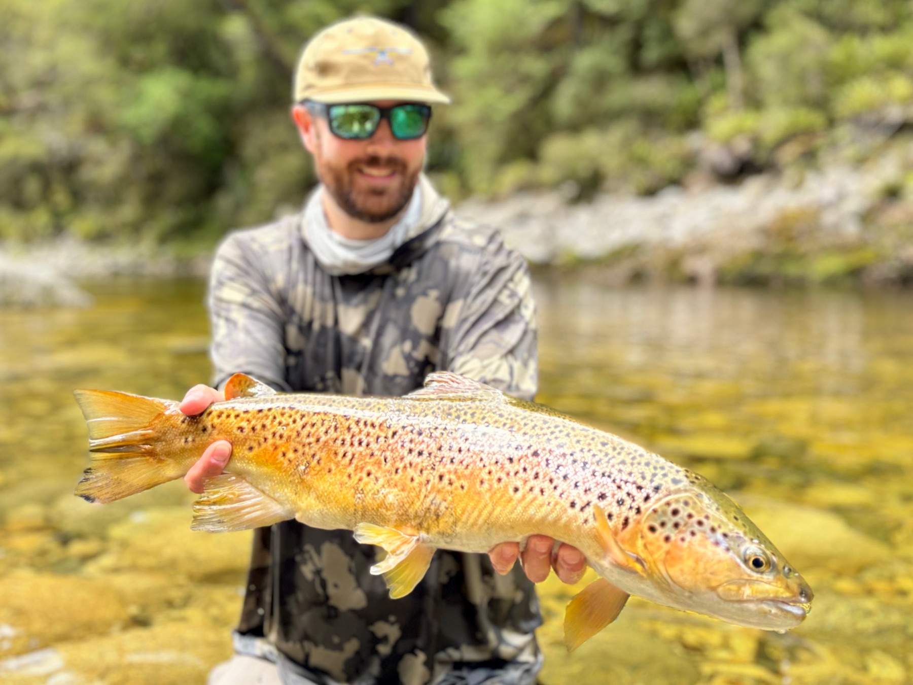 Casting a dry fly on a remote New Zealand backcountry river