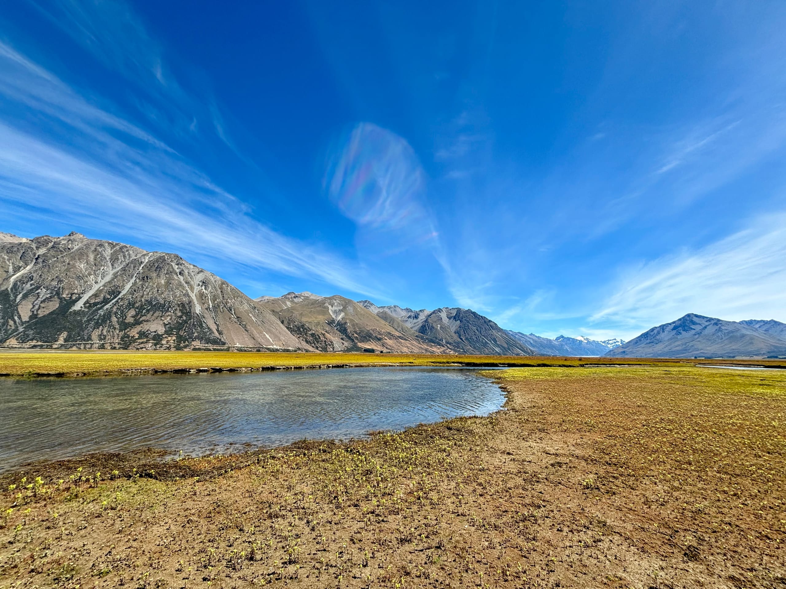 Canterbury High Country river valley in golden light, South Island New Zealand